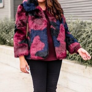 NWT Allen Schwartz Mel Faux Fur Jacket, blueberry multicolor